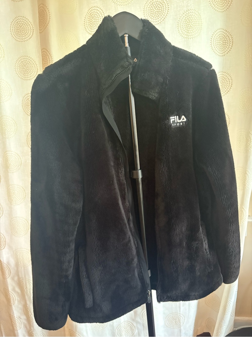 Fila Black Plush Zip Jacket with Embroidered Logo